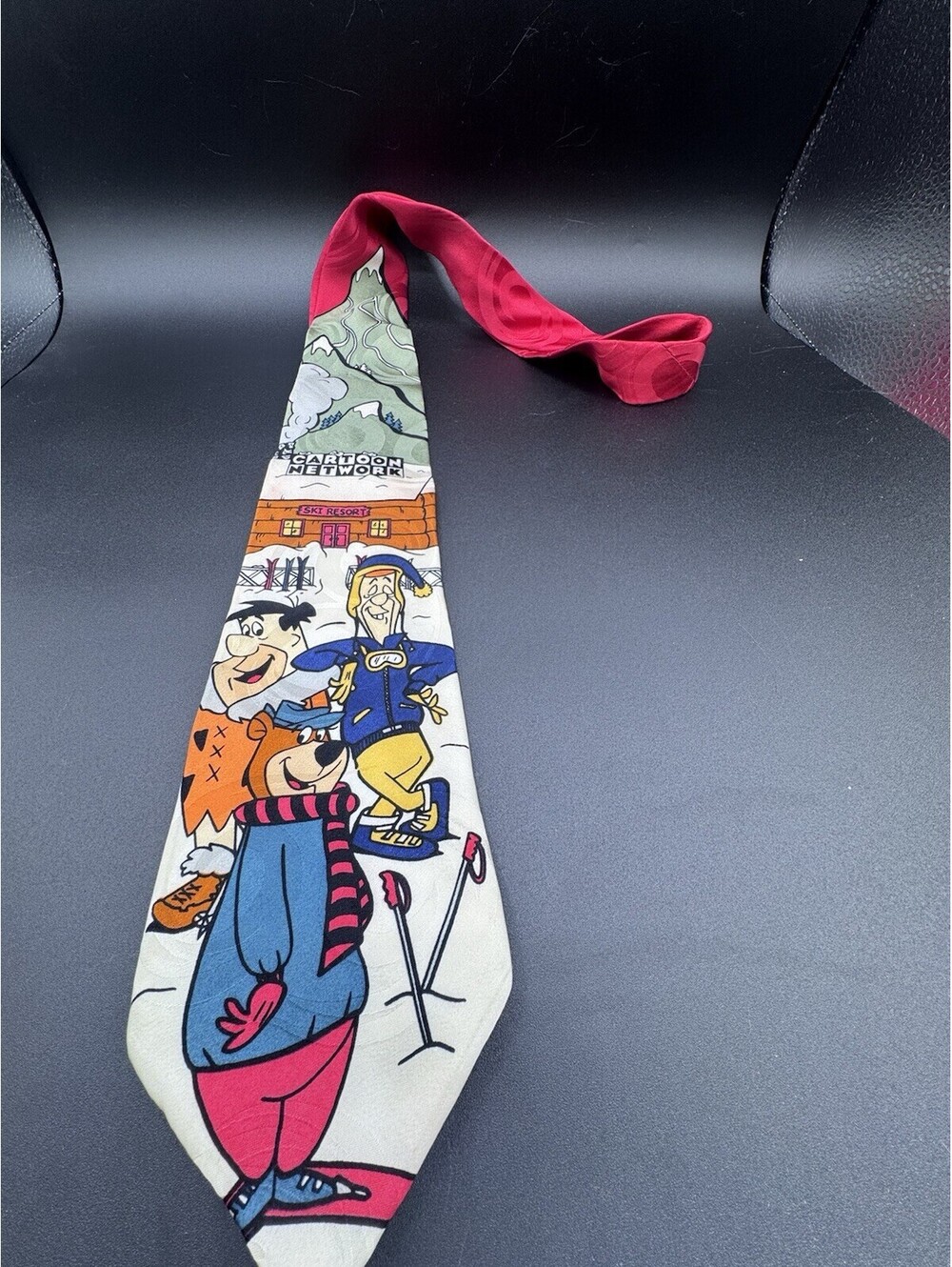 Vintage 1993 Cartoon Network Silk Tie Flintstones Yogi Bear Ski Resort